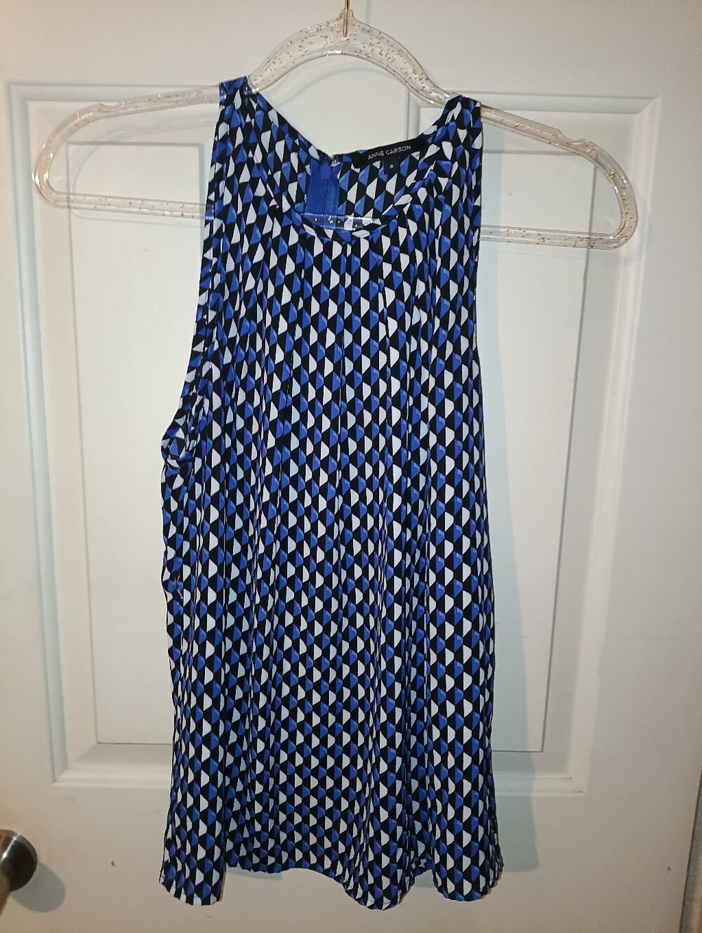 Anne Carson Sleeveless Blue & White Geometric Tank Top Small 💙